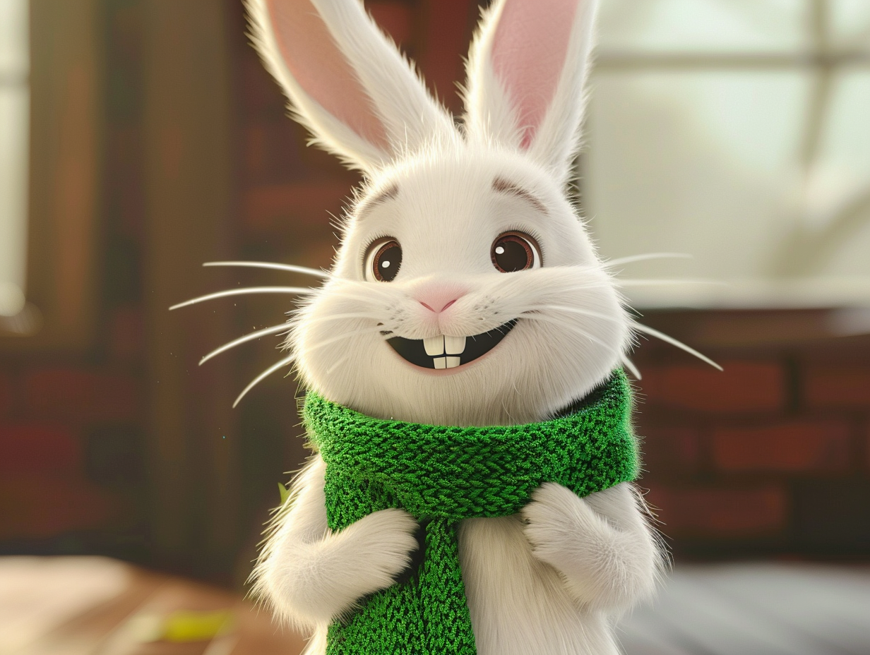 Happy white rabbit in green scarf with friends at home.