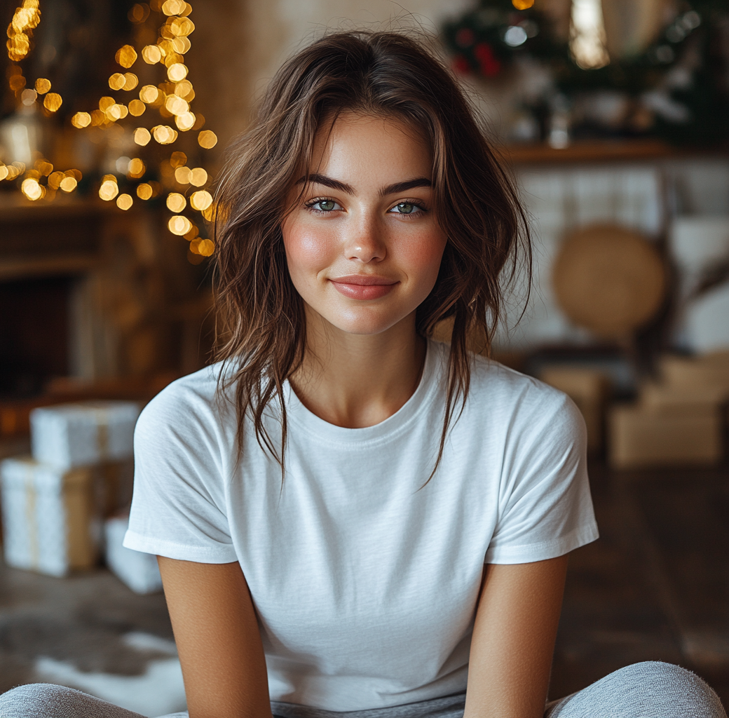 Happy woman in white shirt sitting in Christmas living room.