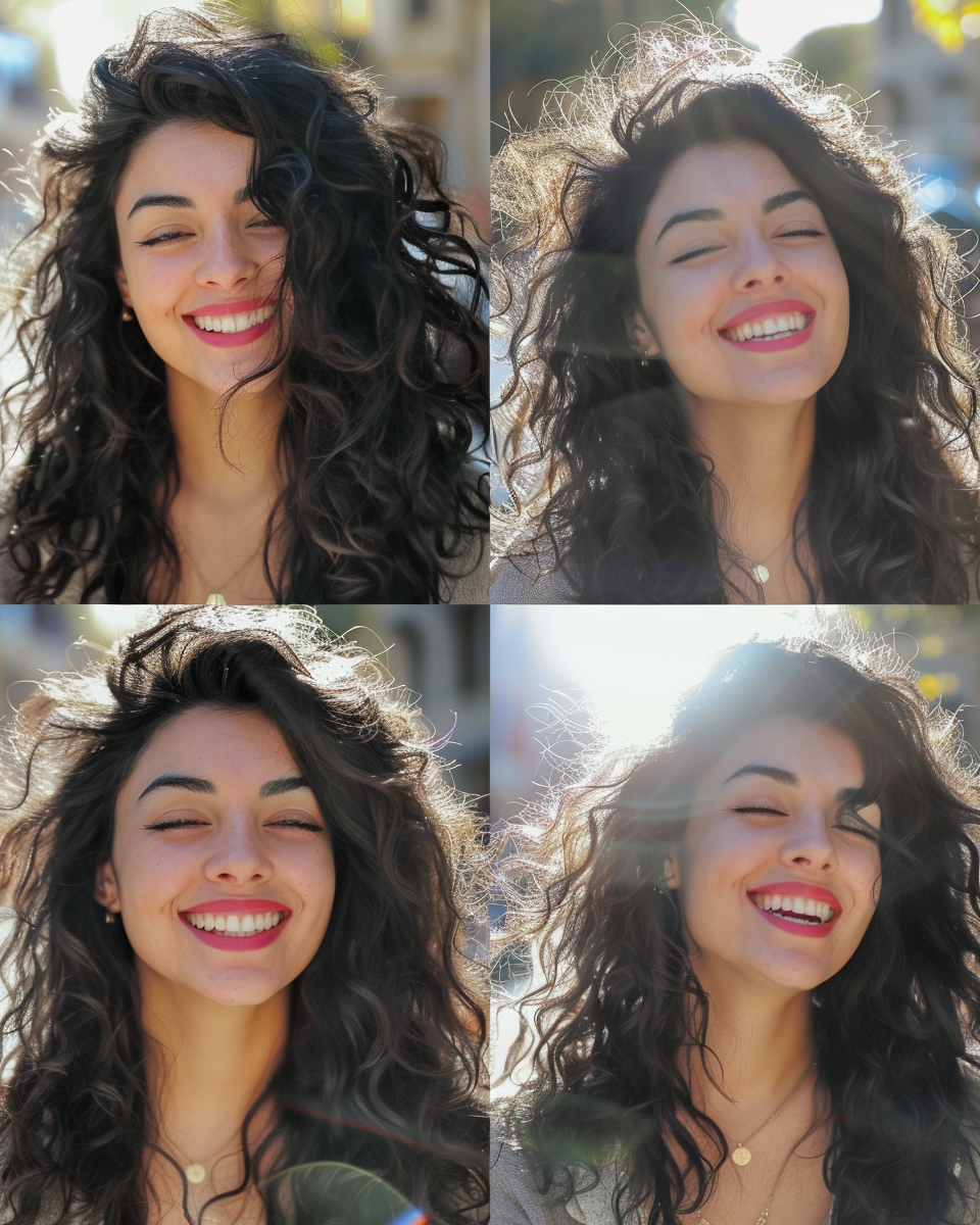 Happy woman ready for travel, long hair, red lipstick.