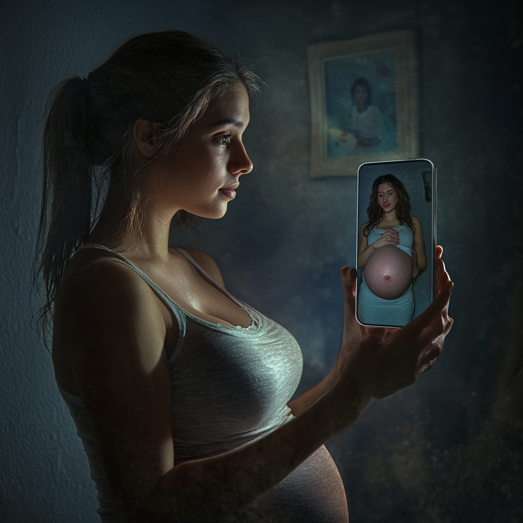 Happy woman sees pregnant reflection on smartphone screen.