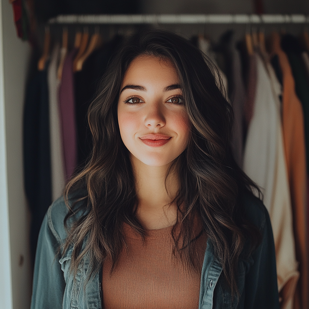 Happy woman standing by clothes, looking surprised