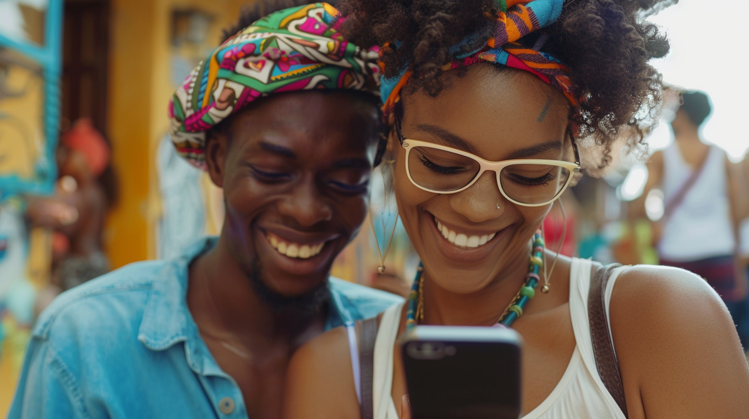 Happy young Afro-African men and women on cell phone.