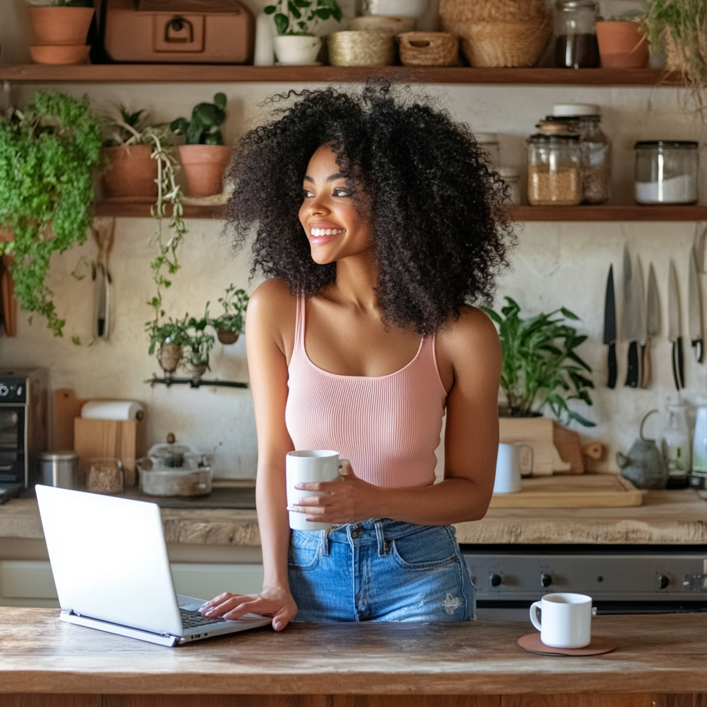 Happy young black woman with laptop and coffee mug.