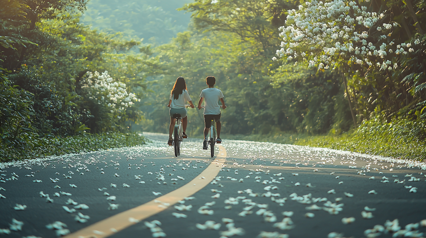 Happy young couple biking through lush forest with white flowers.