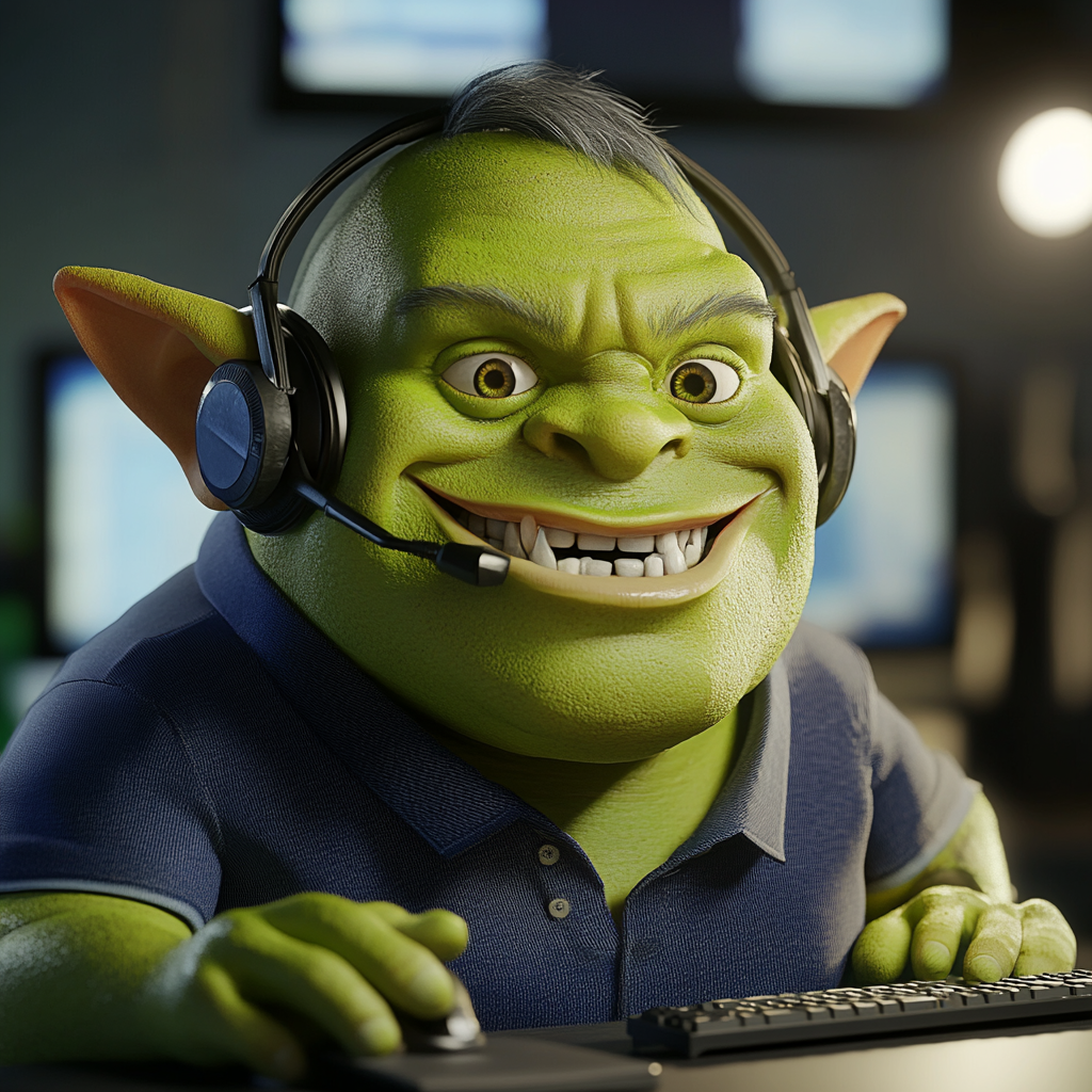 Happy young green orc working call center 3D render