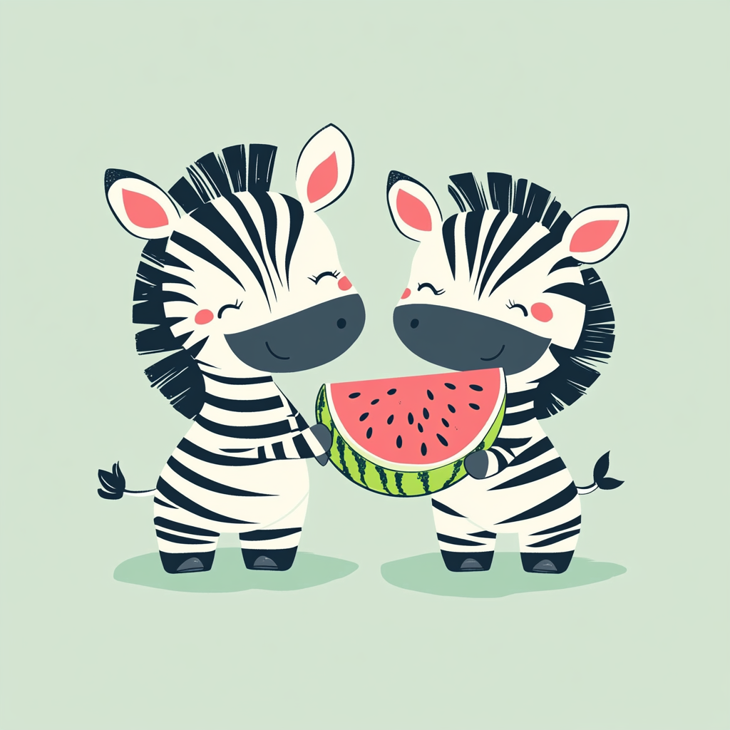 Happy zebra holding watermelon, cartoon style, cute design.