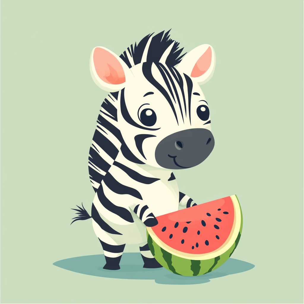 Happy zebra holding watermelon in cartoon style illustration.