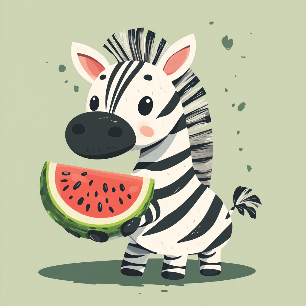 Happy zebra with watermelon on green background - vector illustration.