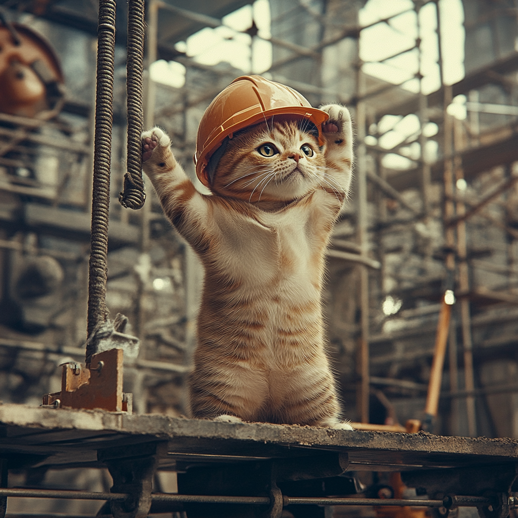 Hardworking cat on construction site with safety helmet