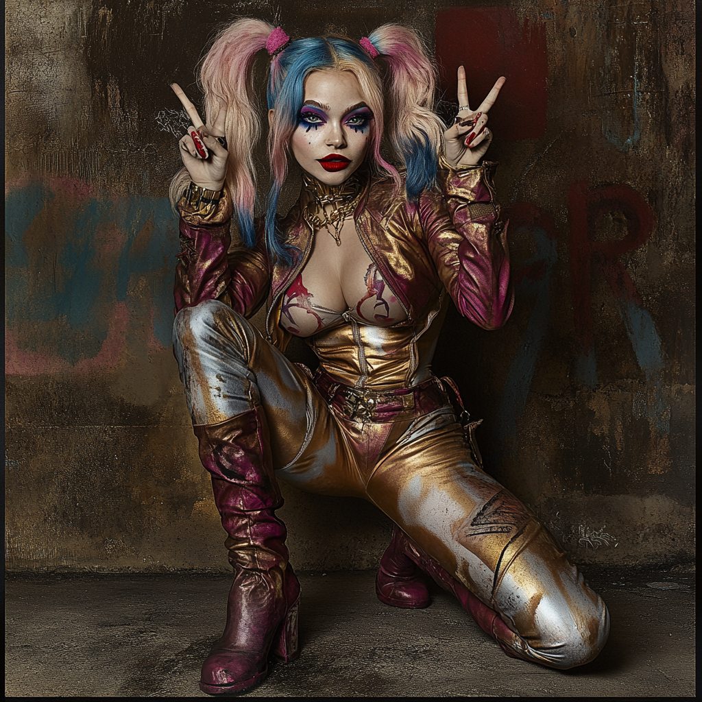 Harley Quinn Peace Sign Pose in Abandoned Warehouse