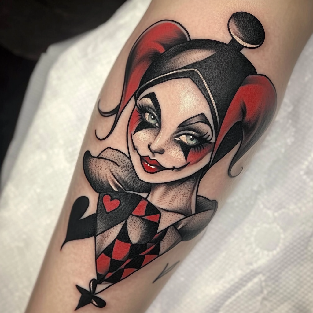 Harley Quinn tattoo design in black and grey.