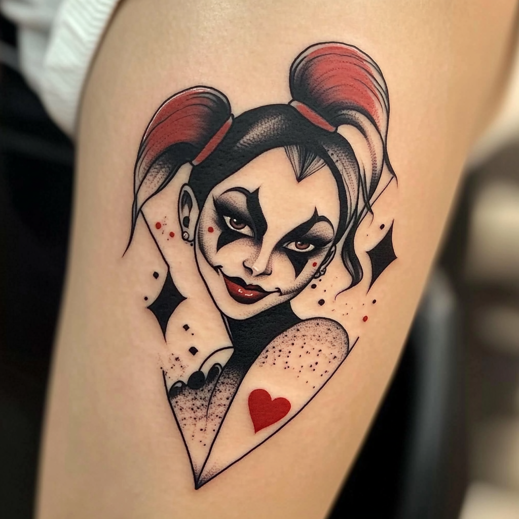 Harley Quinn tattoo design with playful expression and detailed shading.