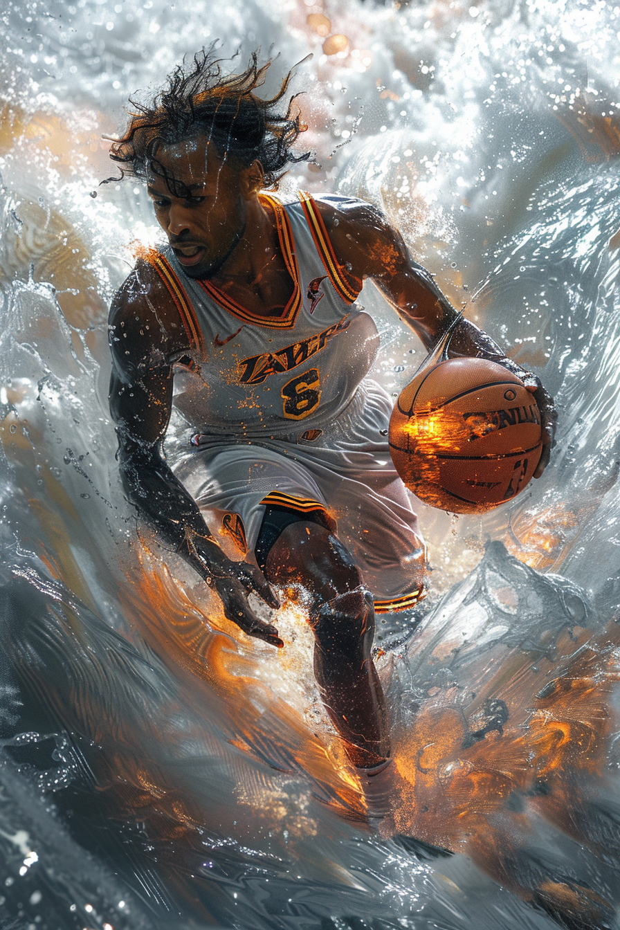 Harmonious Basketball Player Surrounded by Water and Wind