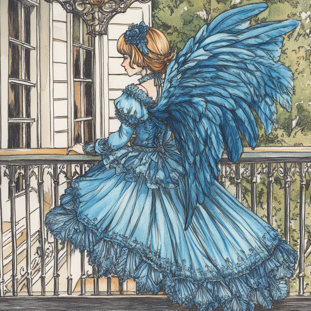 Harpy Girl Watercolor Drawing Southern Belle Plantation Porch