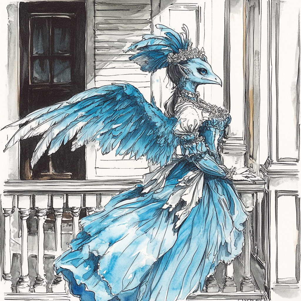 Harpy Girl Watercolor Drawing Southern Belle Porch Plantation