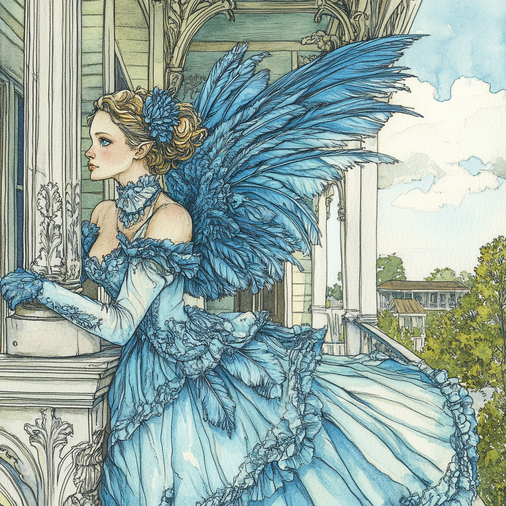 Harpy girl in Southern belle attire on plantation porch