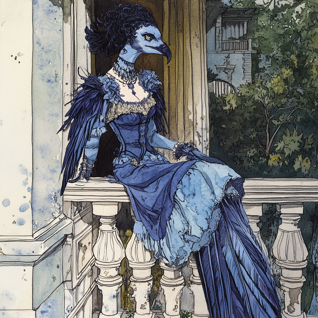 Harpy girl watercolor drawing: Southern belle on plantation porch.