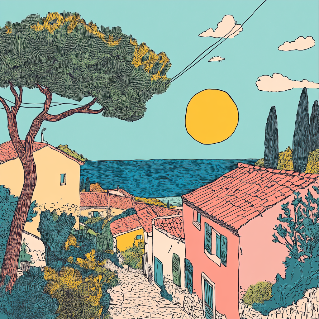 Harriet Lee-Merrion's minimalist risograph print of Provencal village.