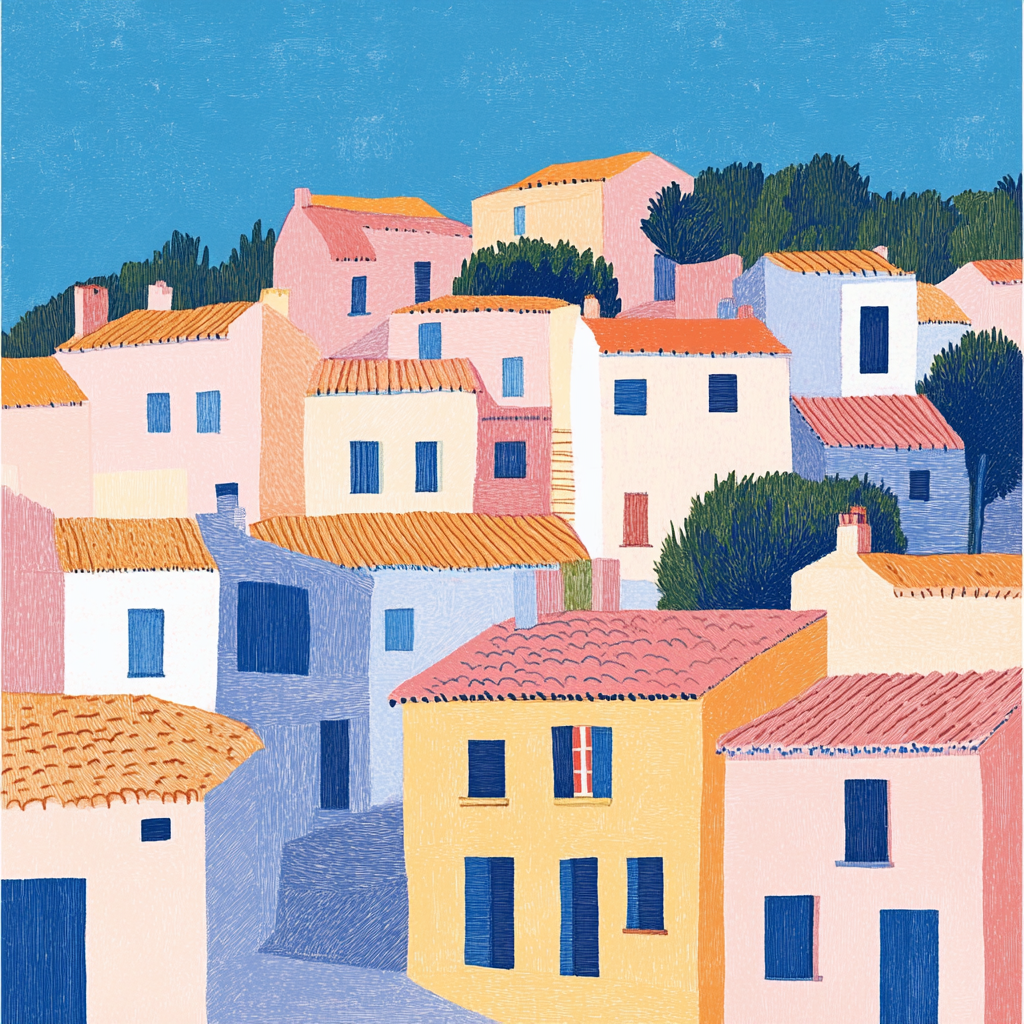 Harriet Lee-Merrion risograph print of Provencal village.