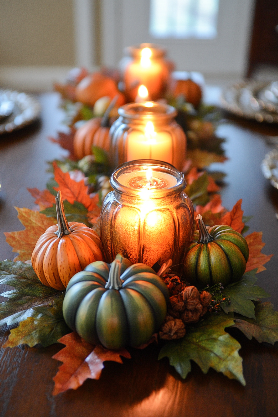 Harvest-themed table centerpiece with mini pumpkins and candles 