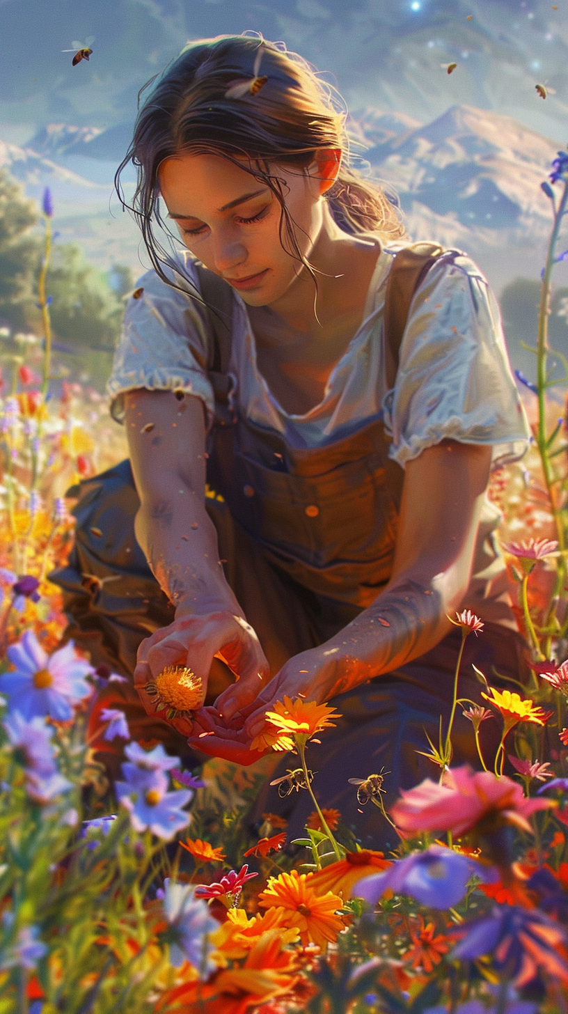 Harvesting woman kneeling in vibrant flower field under hot sun.