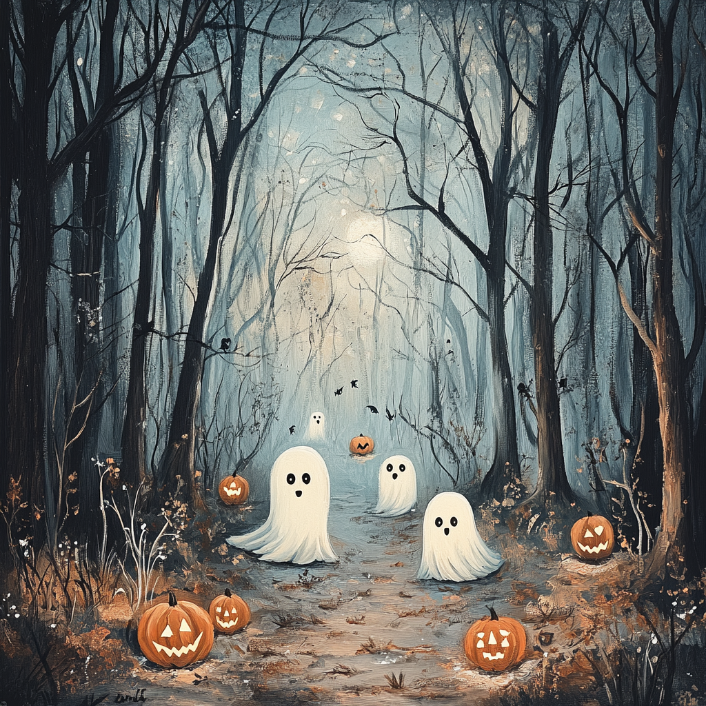 Haunted Forest Oil Painting with Cute Ghost Family