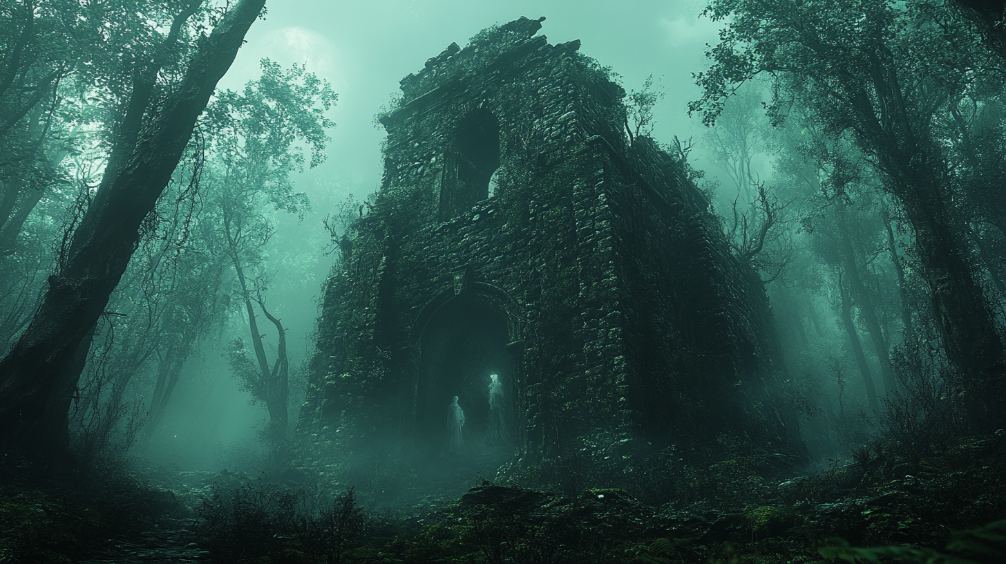 Haunted Forest with Ruined Stone Structure and Ghostly Figures