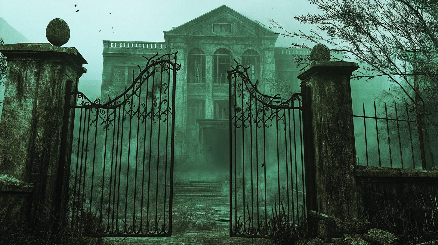 Haunted Hospital Gate in Misty Green Scene