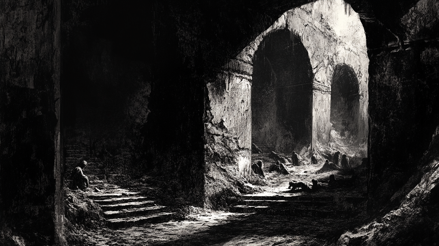 Haunted Mesopotamian Underworld: Souls Shackled in Despair.