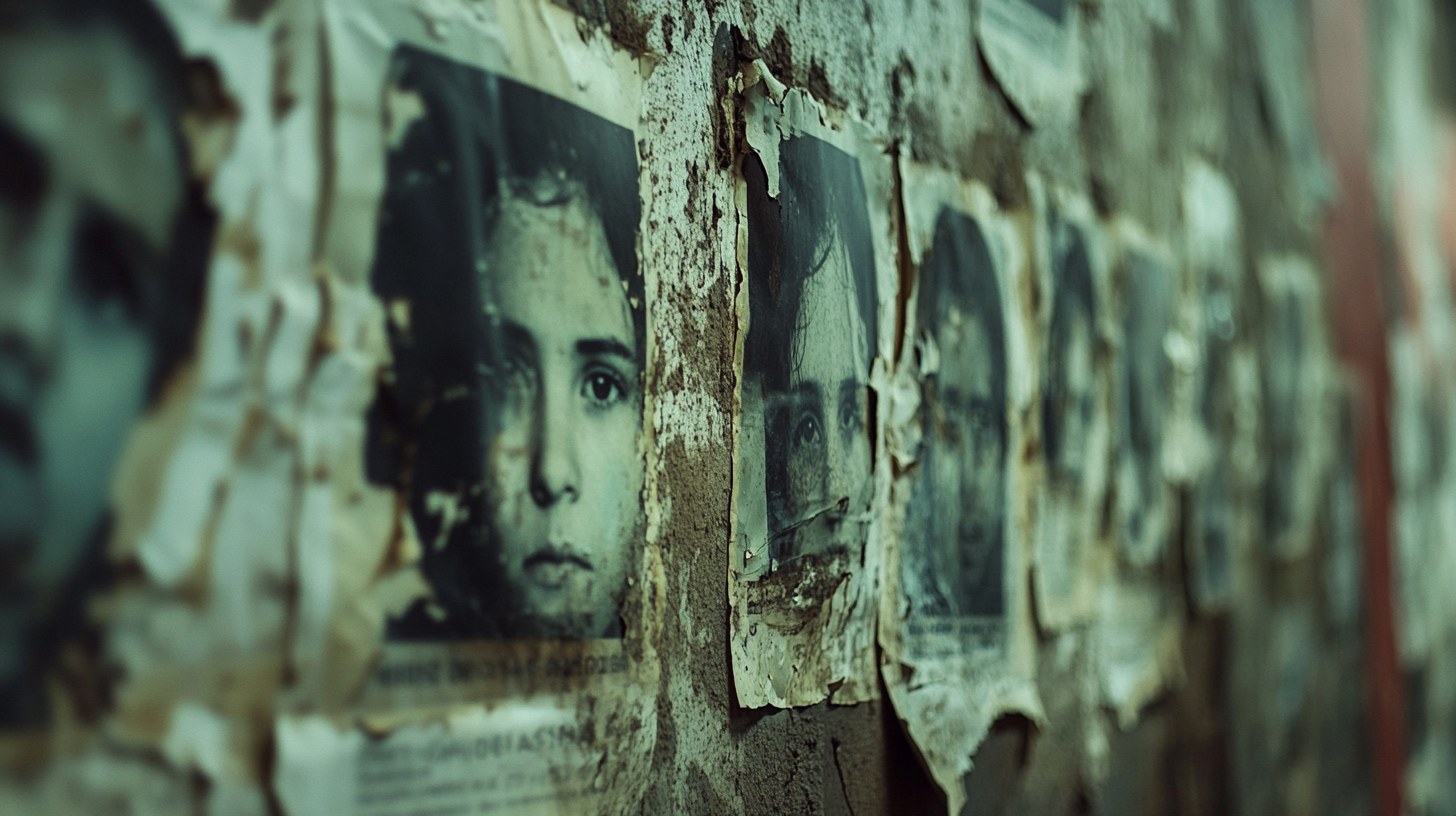 Haunted alleyway with faded missing posters of people