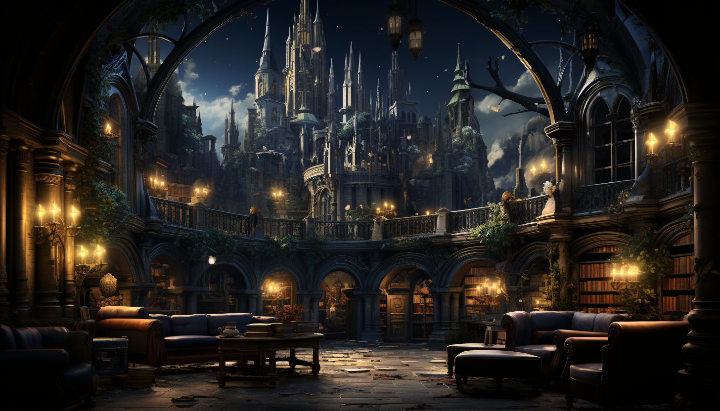 Haunted castle library at night, magical setting, realistic style.