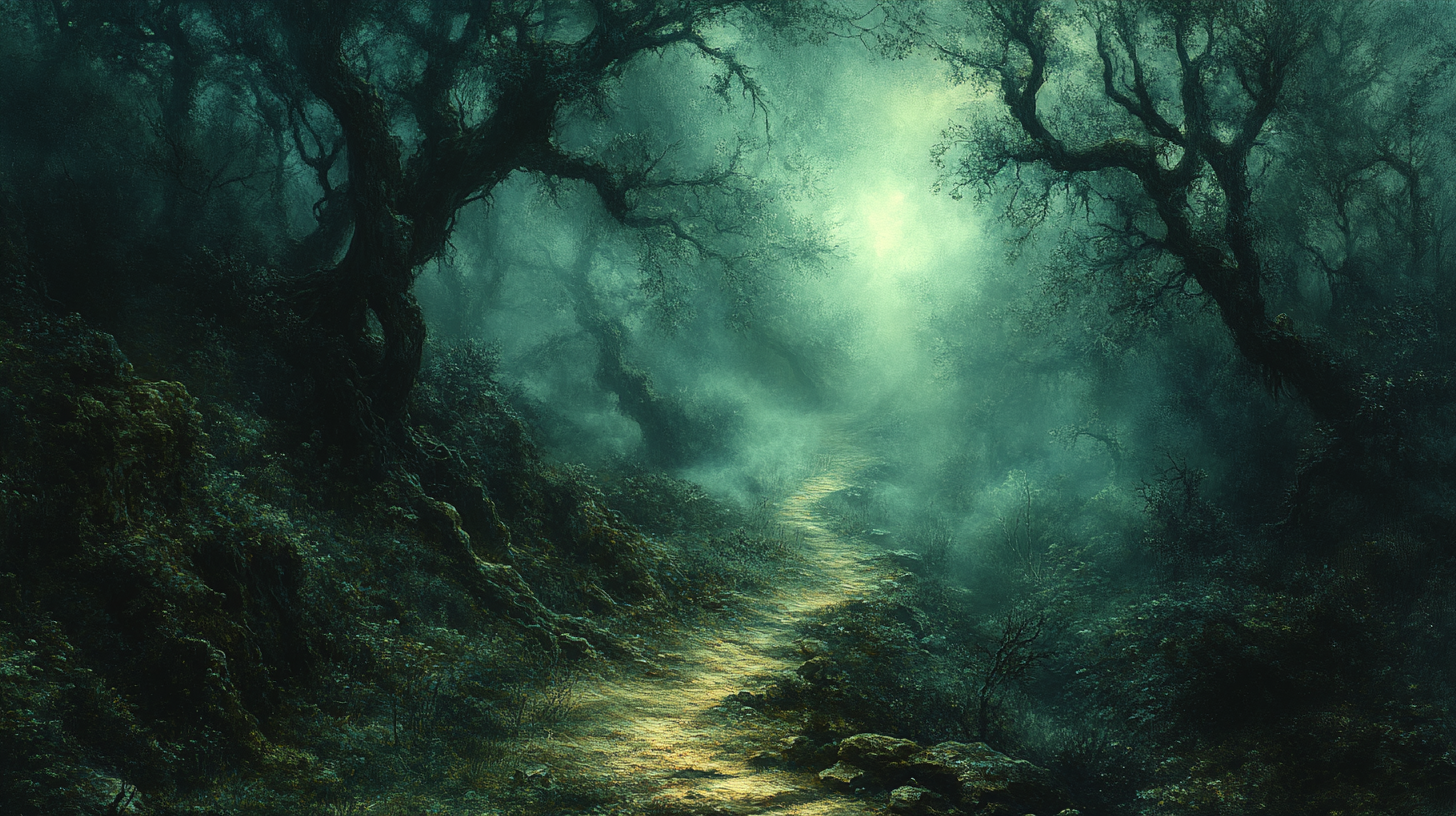 Haunted forest with winding pathway and eerie atmosphere.