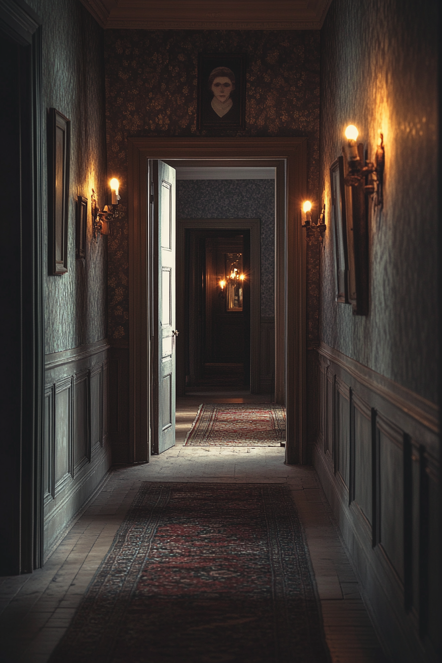 Haunted hallway with dim lighting, eerie portraits, Gothic arches.