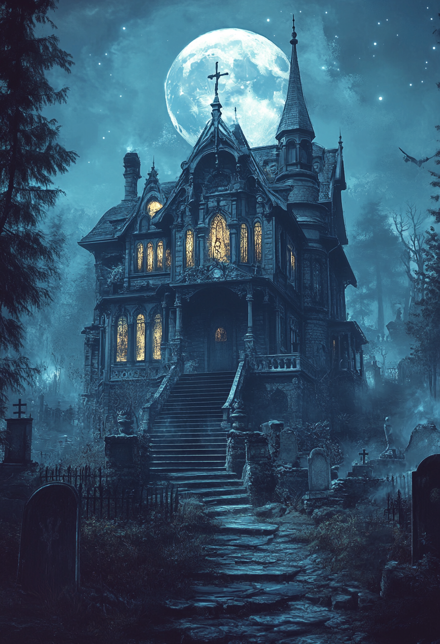 Haunted mansion with moonlit stairs, eerie trees, cemetery.