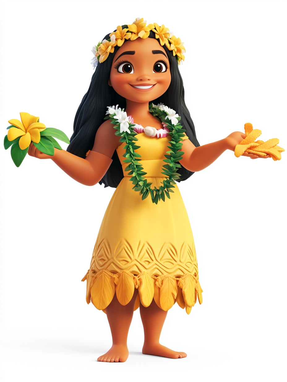 Hawaiian woman gives lei in 3D Pixar style