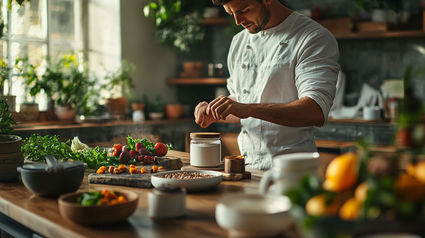 Healthy Chef Prepares Low-Calorie Dessert in Modern Kitchen 