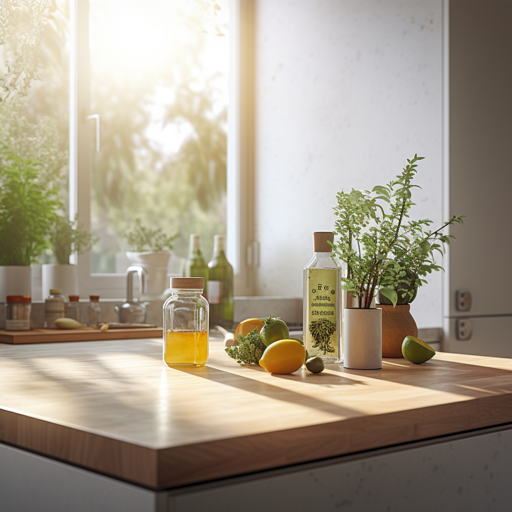 Healthy Kitchen with Fruits and Tea in Sunlight