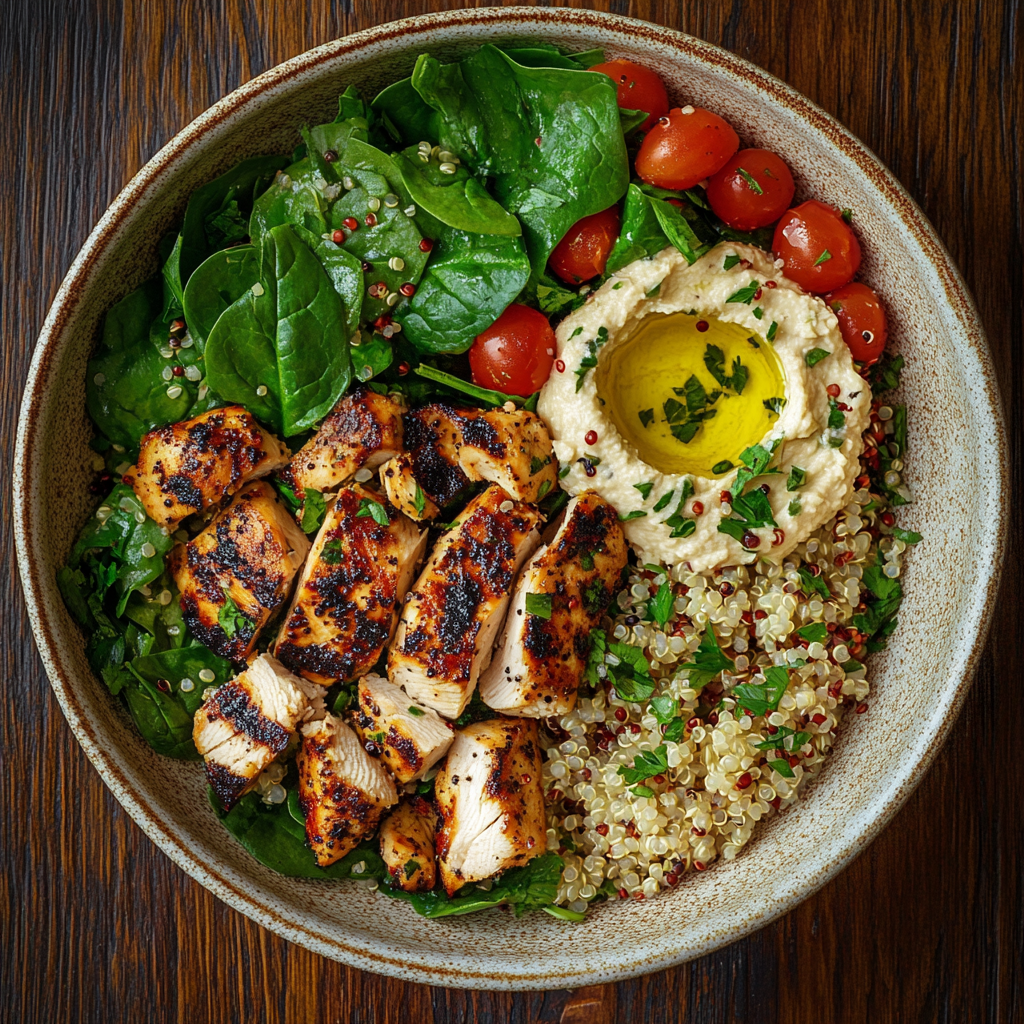 Healthy quinoa salad with grilled chicken on ceramic plate.