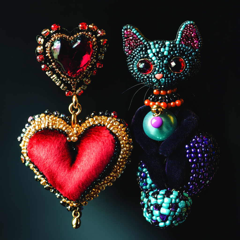 Heart and cat earrings in Dadaism style, colorful beads.