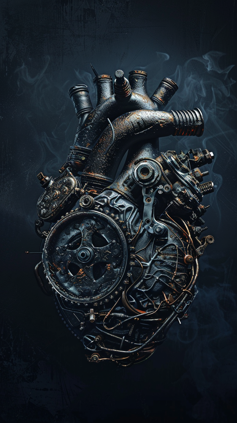 Heart made of motorcycle parts, detailed, realistic, steampunk style.