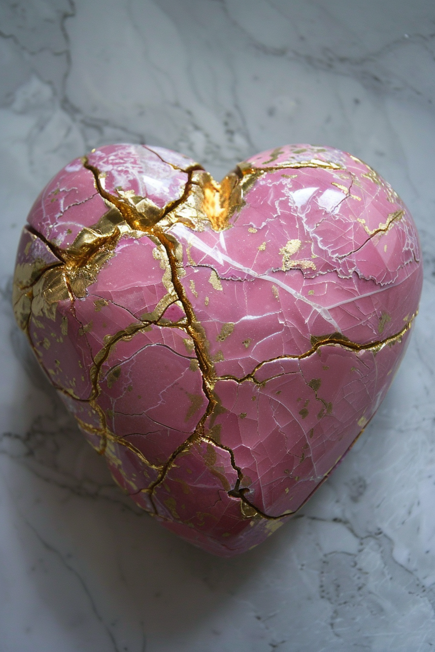 Heart mended with golden thread symbolizes beauty in brokenness.