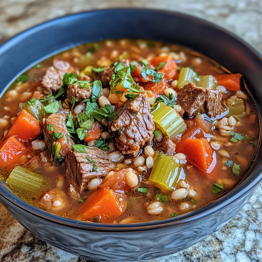 Hearty Bowl of Beef Barley Soup with Vegetables