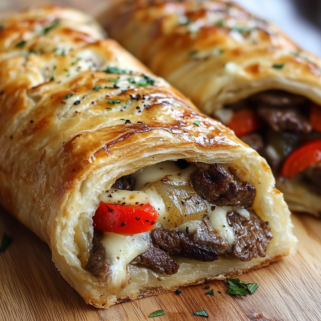 Hearty Mozzarella Cheesesteak Stromboli with savory garlic filling.