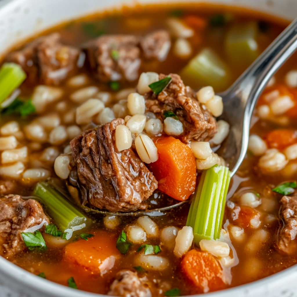 Hearty beef barley soup with vegetables and barley