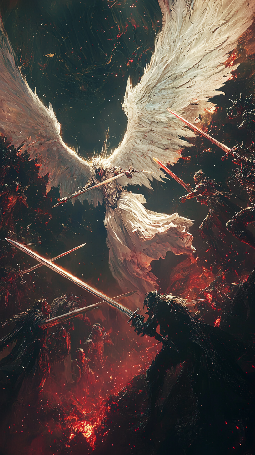 Heavenly battle between angels and demons, ultra detailed photorealism.