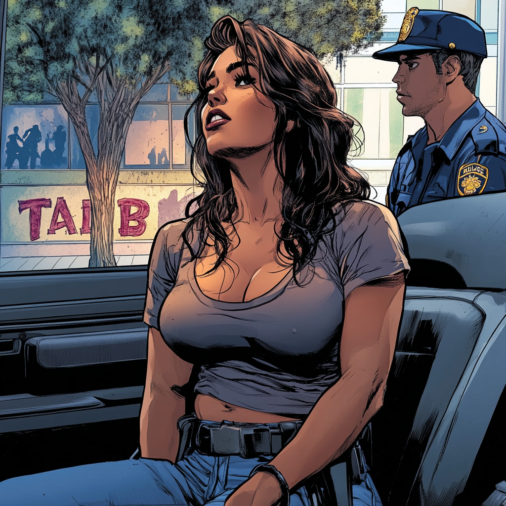 Heavy latina woman in police car, officer looks down.