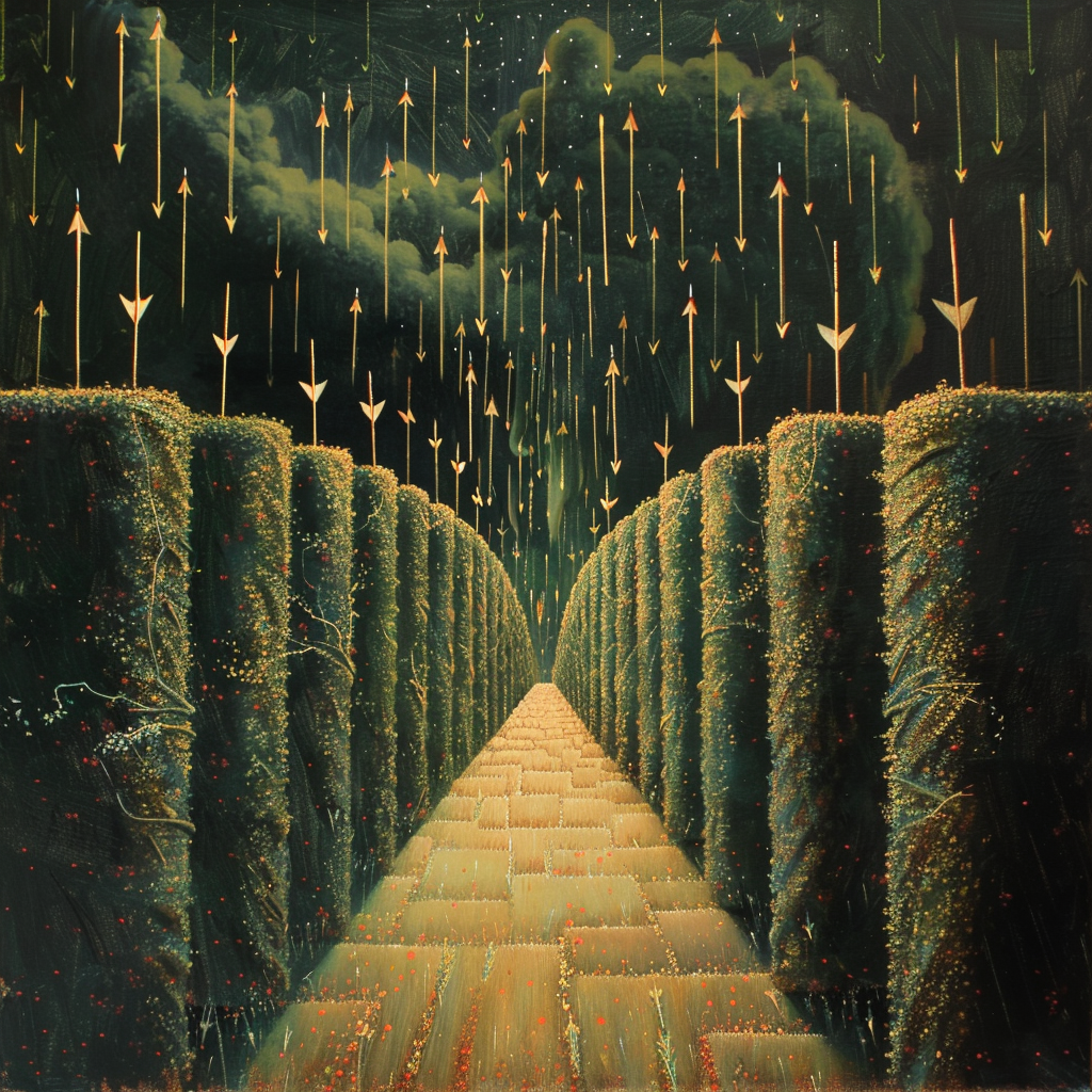 Hedge tunnel, arrows raining, fantasy art oil painting.