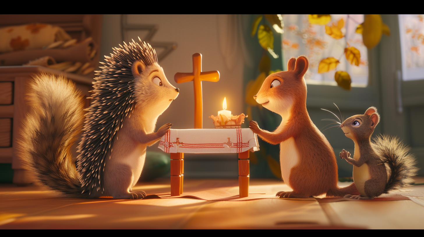 Hedgehog, turtle, squirrel pray to Jesus