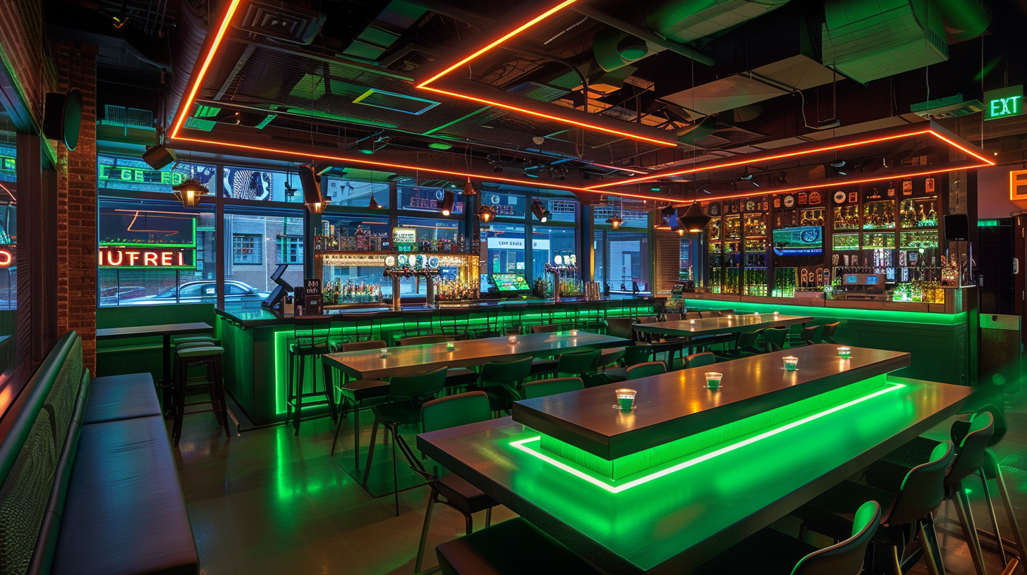 Heineken-style bar with green lights, tables, chairs. Cell phones connected to power outlets above.