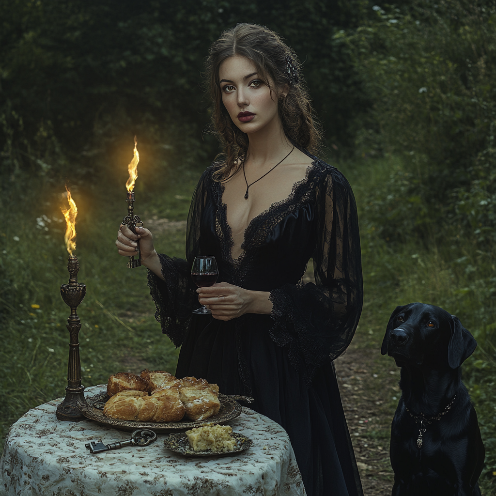 Hekate Goddess poses with garlic bread on table.